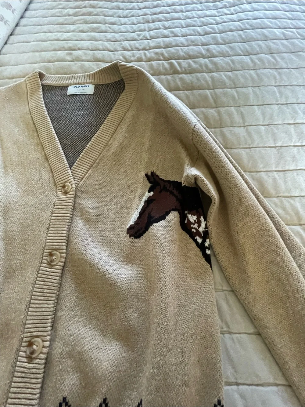 Old Navy Beige Horse Intarsia Cardigan Sweater